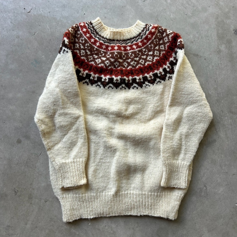 Vintage Hand Knit Fair Isle Wool Sweater Cream Brown Rust Nordic Crew Neck